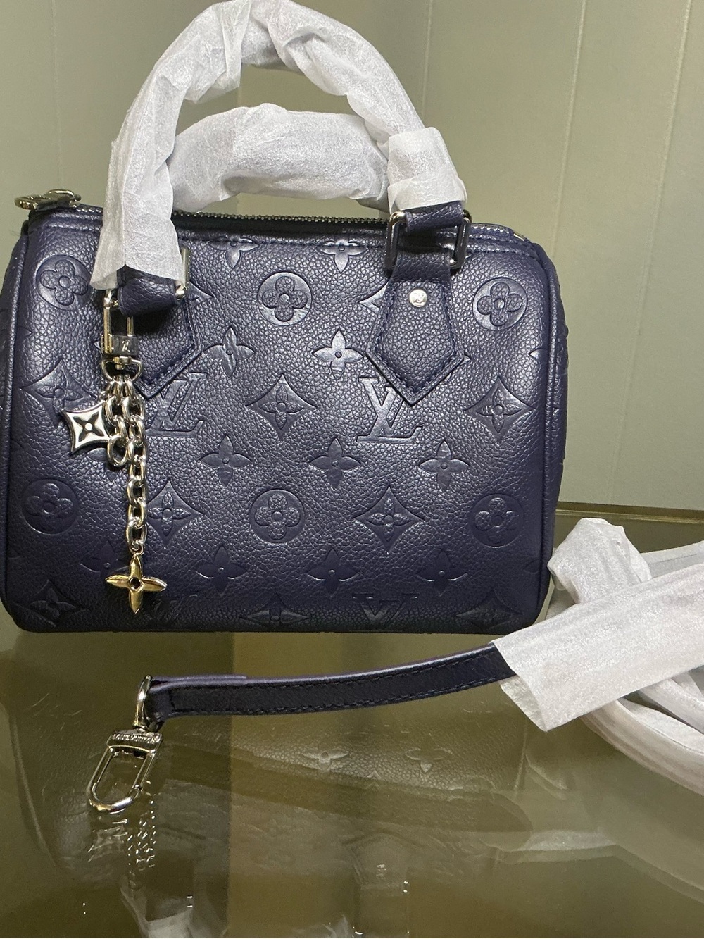 Navy Embossed Monogram Satchel with Charm